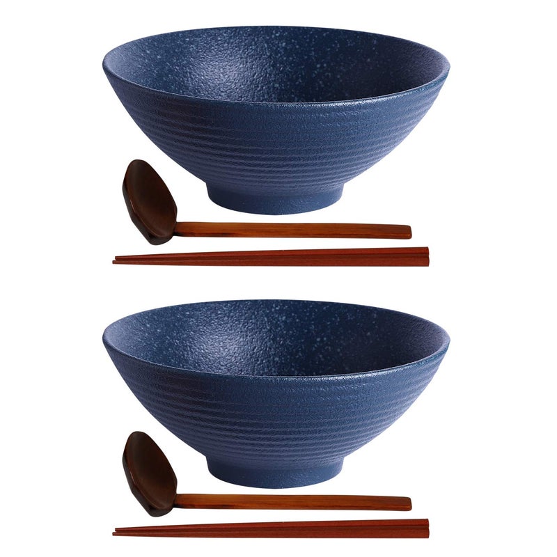 Kanwone Ceramic Japanese Ramen Bowl Set, Noodle Soup Bowls - 60 Ounce, with Matching Spoons and Chopsticks for Udon Soba Pho Asian Noodles, Set of 2, Navy - Image 1